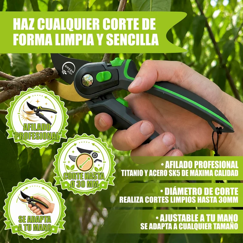 GREEN GOF Tijeras De Podar Profesionales Premium, Hoja De Titanio Y Acero Japonés Sk5, Cortes De Hasta 35 Mm.