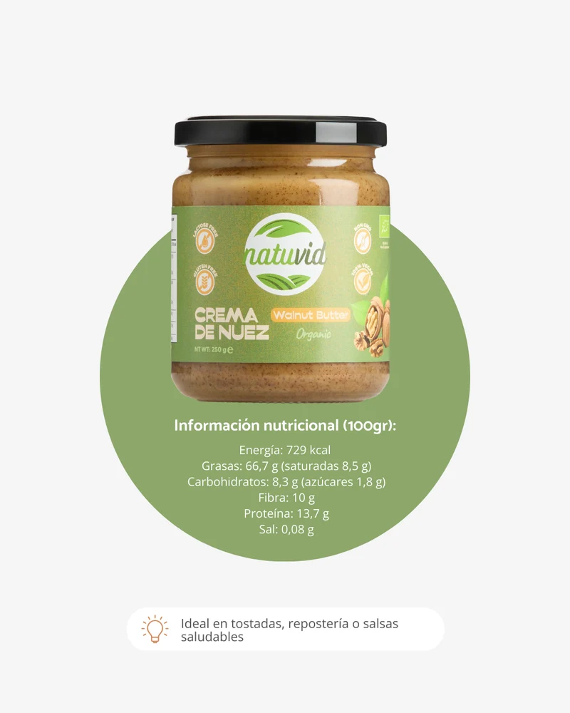 Crema de Nuez Natuvid BIO | 250gr | SIN GLUTEN | SIN LACTOSA | 100% VEGANA | NON-GMO | Sin Azúcares Añadidos