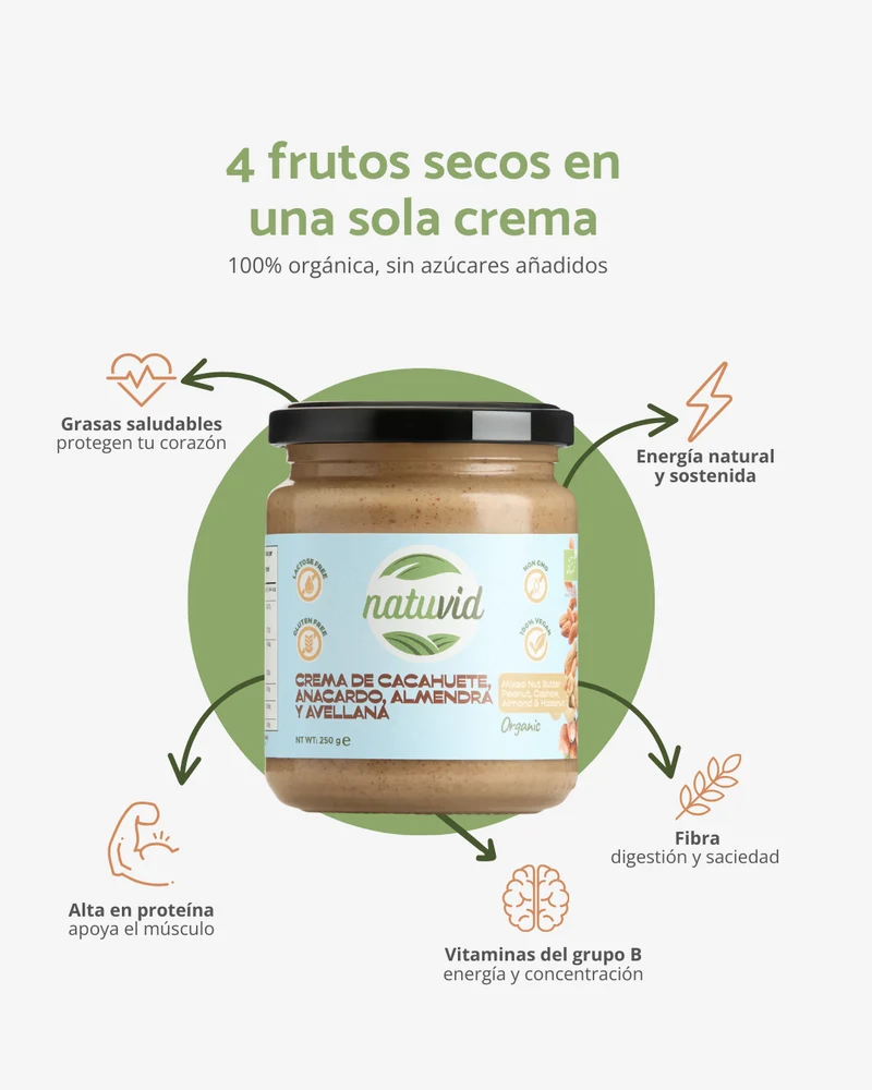 Crema Mix Frutos Secos BIO Natuvid | 250g | Vegana, Sin Gluten y Sin Lactosa | 100% Natural y Sin Azúcares Añadidos