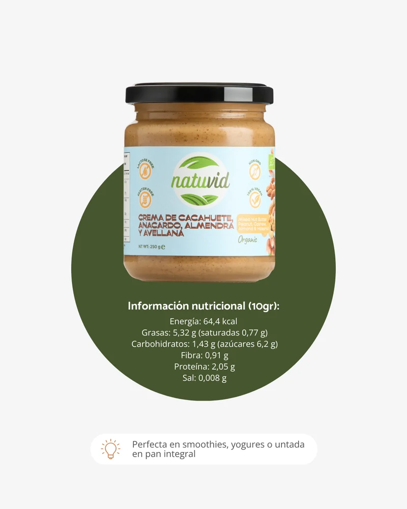 Crema Mix Frutos Secos BIO Natuvid | 250g | Vegana, Sin Gluten y Sin Lactosa | 100% Natural y Sin Azúcares Añadidos