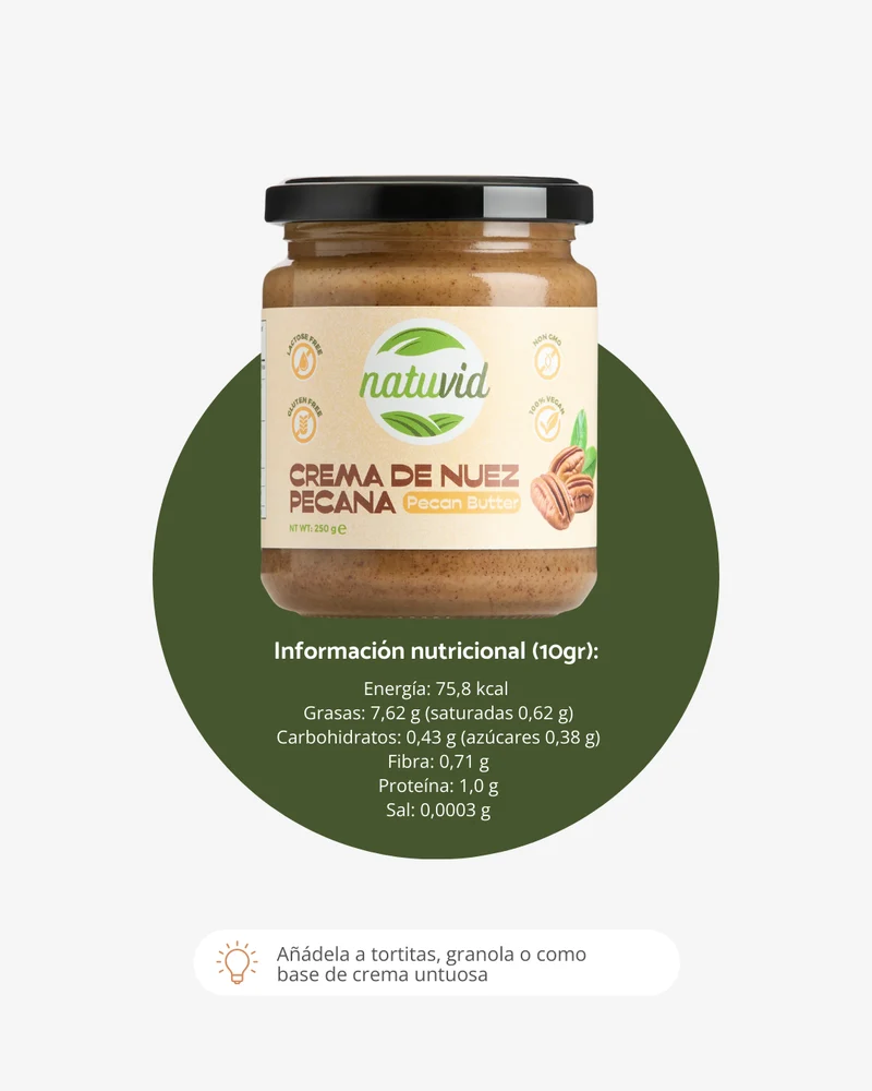 Crema de Nuez Pecana Natuvid | 100% NATURAL | 250gr | SIN GLUTEN | SIN LACTOSA | 100% VEGANA | NON-GMO