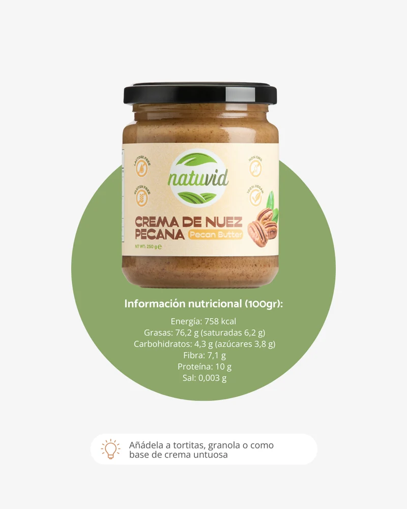 Crema de Nuez Pecana Natuvid | 100% NATURAL | 250gr | SIN GLUTEN | SIN LACTOSA | 100% VEGANA | NON-GMO
