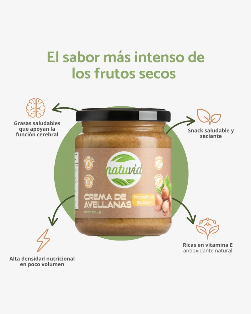 Crema de Avellanas NATUVID 100% Natural Tostada | 250g | Sin Gluten y Sin Lactosa | Ideal Keto, Low Carb y Vegana