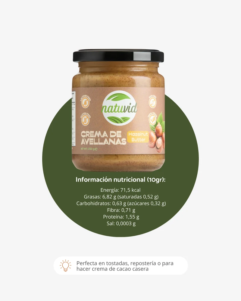 Crema de Avellanas NATUVID 100% Natural Tostada | 250g | Sin Gluten y Sin Lactosa | Ideal Keto, Low Carb y Vegana