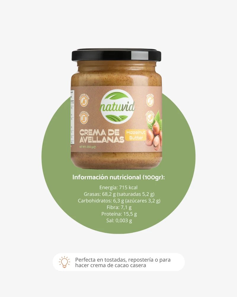 Crema de Avellanas NATUVID 100% Natural Tostada | 250g | Sin Gluten y Sin Lactosa | Ideal Keto, Low Carb y Vegana