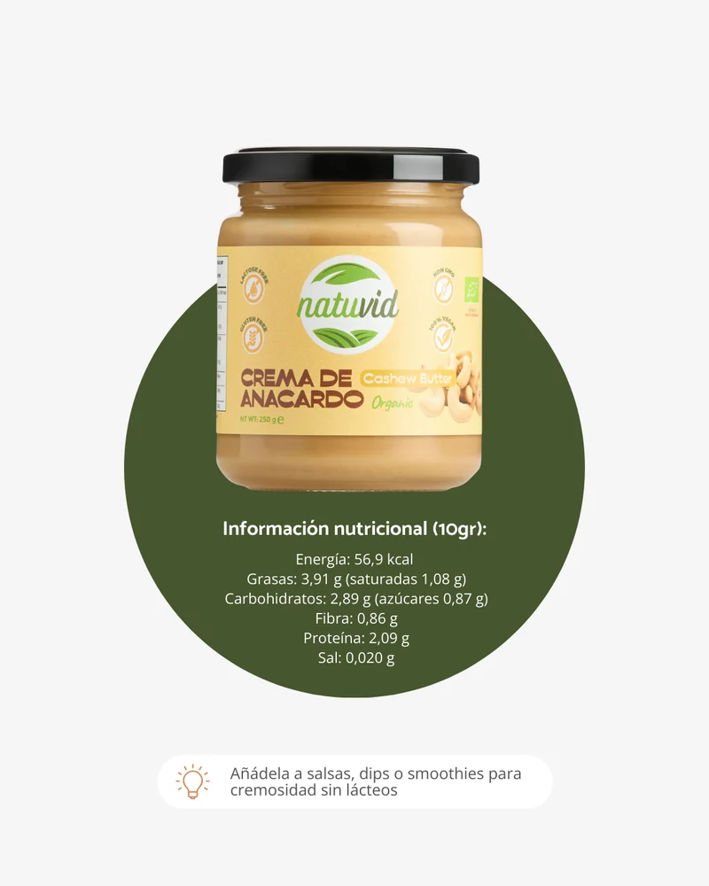 Crema de Anacardo BIO Natuvid | 250gr | SIN GLUTEN | SIN LACTOSA | 100% NATURAL | NON-GMO