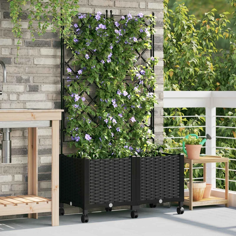 Jardinera Con Enrejado Y Ruedas 2 Uds. Negro 80 X 40 X 149 Cm