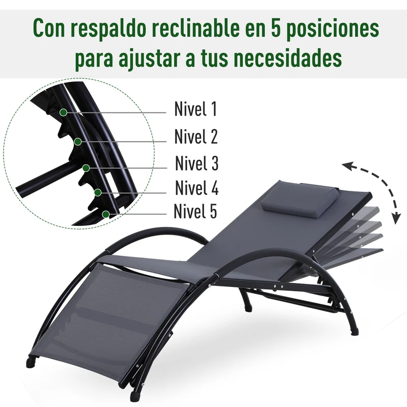 Outsunny Tumbona de Jardín Aluminio Reclinable con Respaldo Ajustable de 5 Niveles Reposapiés Regulable y Reposacabezas Extraíble para Terraza Balcón Exterior 66x152x81 cm Gris