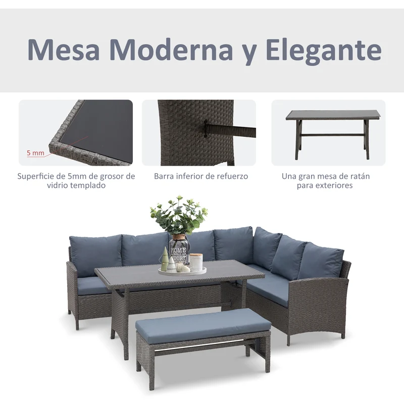 Outsunny Conjunto 4 Piezas Muebles de Ratán Espacio Amplio con Cojines Acolchados para Jardín o Terraza Patio 2 Sofá 1 Mesa 1 Banco de Exterior Tubo de Hierro Vidrio Templado Gris