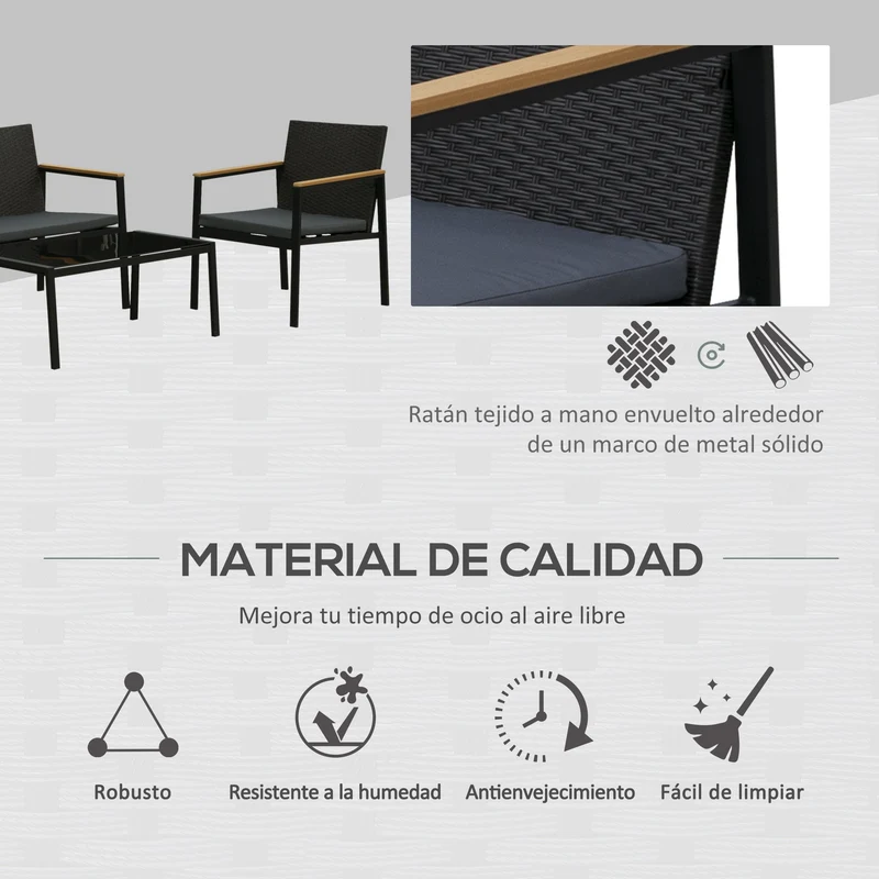 Outsunny Conjunto Muebles de Ratán PE de 4 Piezas con Cojines 2 Sillones 1 Sofá Doble y Mesa de Centro para Jardín Terraza Patio Negro y Gris