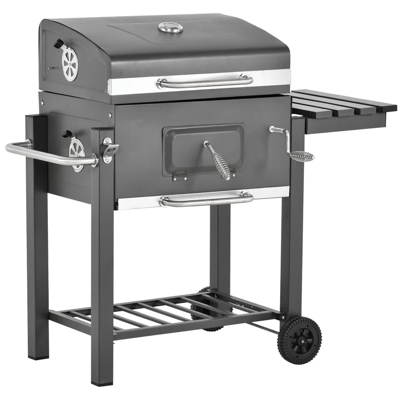 Outsunny Barbacoa de Carbón Vegetal con Ruedas Estantes Parilla Barril Carro de BBQ Picnic Acampada Smoker Ahumador de Carbón 115x56x108cm