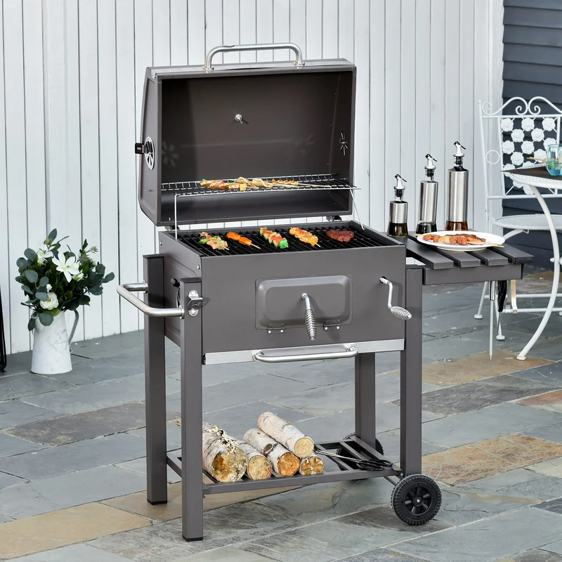 Outsunny Barbacoa de Carbón Vegetal con Ruedas Estantes Parilla Barril Carro de BBQ Picnic Acampada Smoker Ahumador de Carbón 115x56x108cm