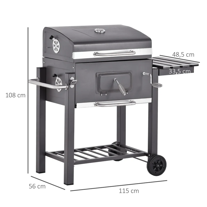 Outsunny Barbacoa de Carbón Vegetal con Ruedas Estantes Parilla Barril Carro de BBQ Picnic Acampada Smoker Ahumador de Carbón 115x56x108cm