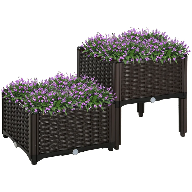 Outsunny Juego de 2 Jardineras de Exterior Jardineras Cuadradas Imitación a Mimbre Combinación Libre Maceteros para Jardín Patio 40x40x26/44 cm Marrón