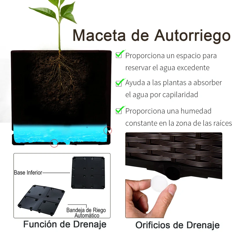 Outsunny Juego de 2 Jardineras de Exterior Jardineras Cuadradas Imitación a Mimbre Combinación Libre Maceteros para Jardín Patio 40x40x26/44 cm Marrón