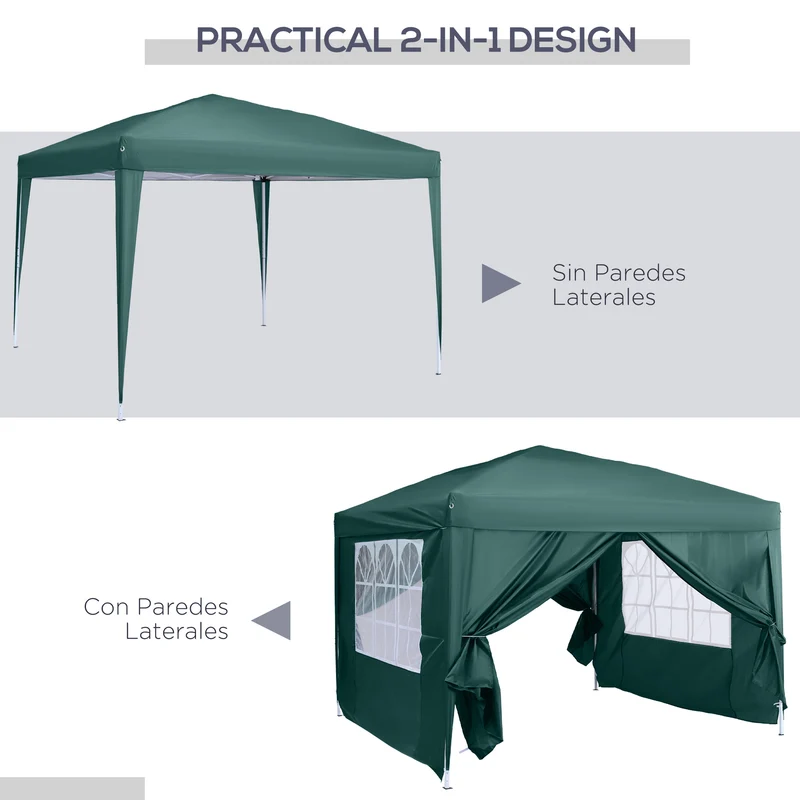 Outsunny Carpa Gazebo con Paredes Desmontables Ventanas Visibles Puerta con Cremallera Incluye Bolsa de Transporte Cuerdas y Piquetas 3x3 m Verde