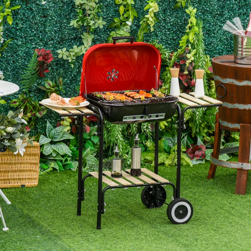 Outsunny Barbacoa de Carbón Picnic con Estantes de Madera Parrillas Asador BBQ Patio Acampada Multifuncional Parilla de Carbón Vegetal 98x49x81cm con Ruedas