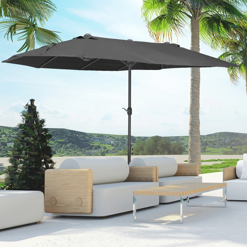 Outsunny Sombrilla Doble 4,55x2,65 m Sombrilla Terraza Exterior con Manivela Manual Resistente al Agua y Protección Solar Sombrilla Grande para Terraza Playa Piscina Negro