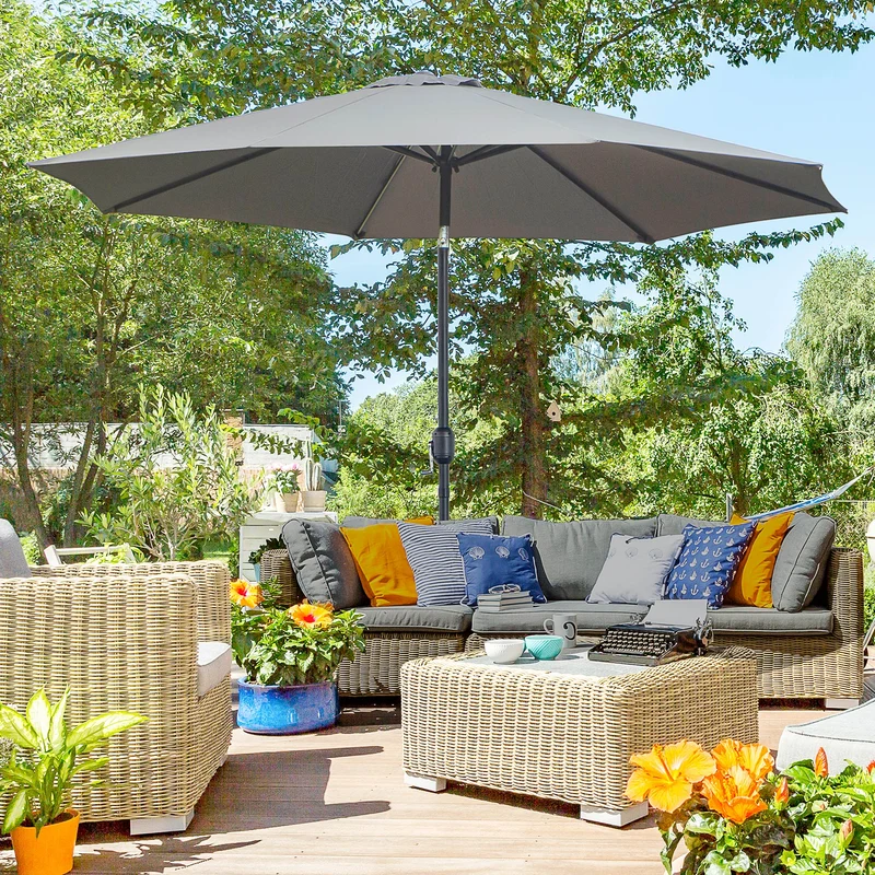 Outsunny Sombrilla de Jardín Ø295x250 cm con Manivela Parasol Exterior con Mecanismo de Inclinación y Poste Desmontable de Metal para Terraza Piscina Patio Gris Oscuro