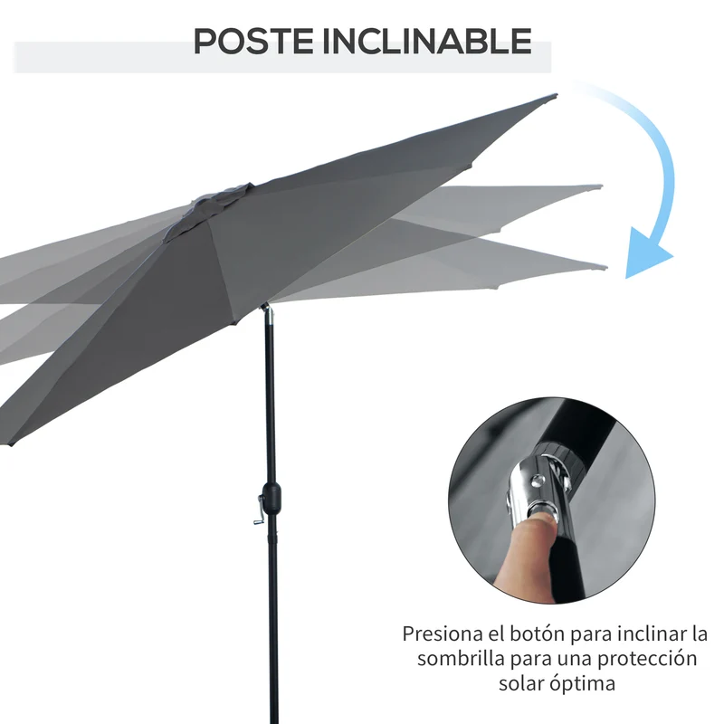 Outsunny Sombrilla de Jardín Ø295x250 cm con Manivela Parasol Exterior con Mecanismo de Inclinación y Poste Desmontable de Metal para Terraza Piscina Patio Gris Oscuro