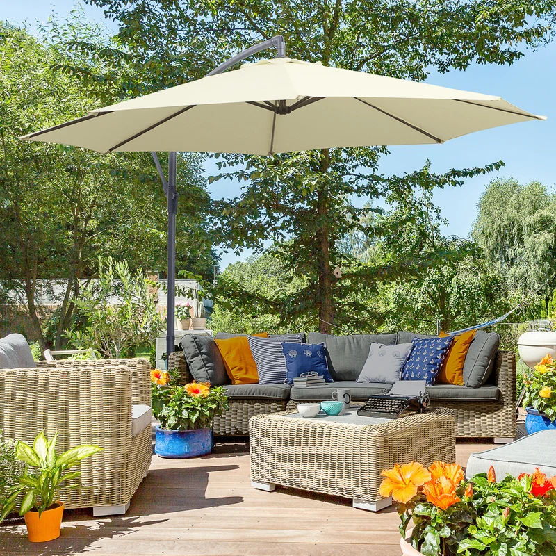 Outsunny Sombrilla de Jardín Ø300x250 cm Parasol Excéntrico Inclinable con Manivela Base Cruzada y Soporte de Metal 8 Varillas para Terraza Exterior Balcón Beige