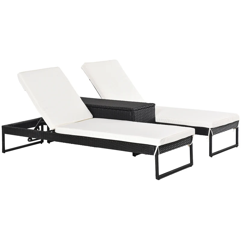Outsunny Conjunto de 2 Tumbonas de Jardín con Cojines Acolchados Ratán con Mesa Auxiliar para Piscina o Terraza Carga 160 kg 195x60x86 cm Acero Negro