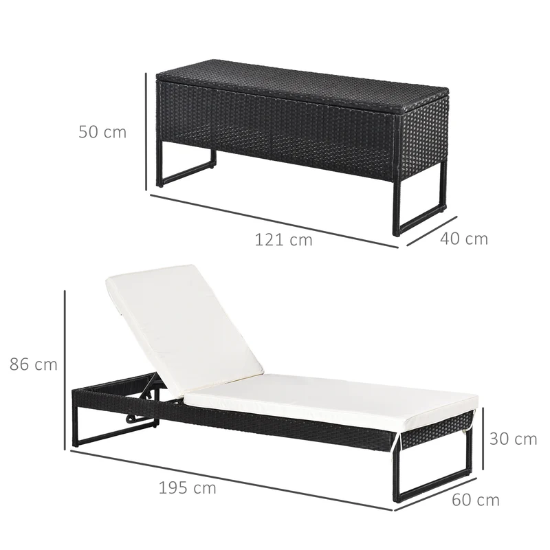 Outsunny Conjunto de 2 Tumbonas de Jardín con Cojines Acolchados Ratán con Mesa Auxiliar para Piscina o Terraza Carga 160 kg 195x60x86 cm Acero Negro