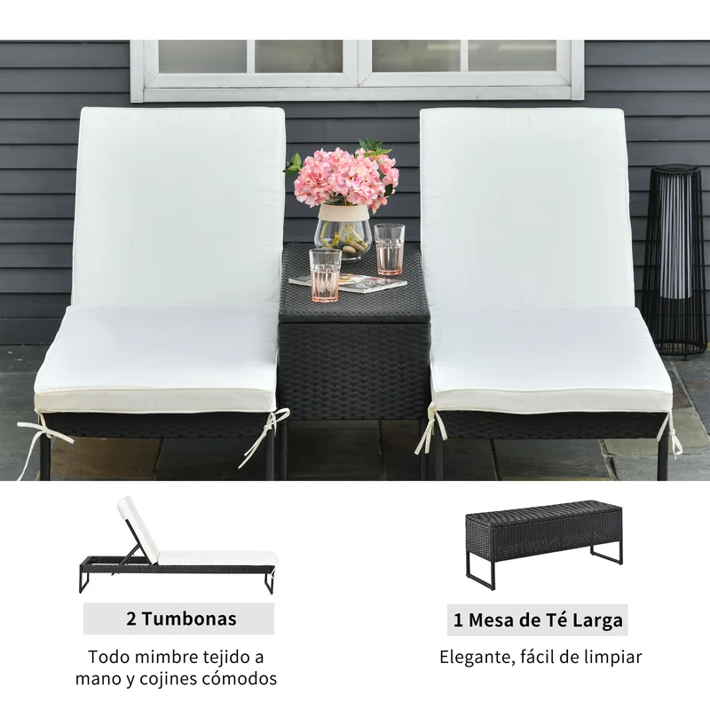 Outsunny Conjunto de 2 Tumbonas de Jardín con Cojines Acolchados Ratán con Mesa Auxiliar para Piscina o Terraza Carga 160 kg 195x60x86 cm Acero Negro