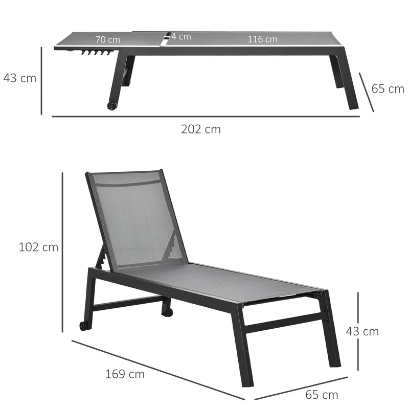 Outsunny Tumbona de Jardín de Aluminio Tumbona Exterior con Respaldo Reclinable en 5 Posiciones Carga 120 kg para Patio Terraza 169x65x102 cm Gris