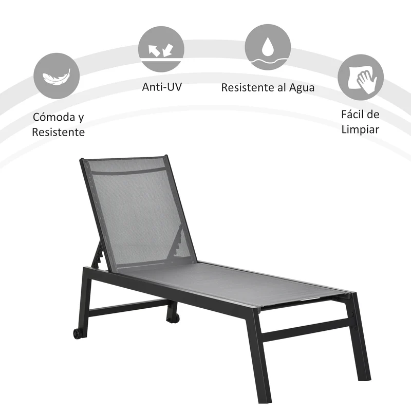 Outsunny Tumbona de Jardín de Aluminio Tumbona Exterior con Respaldo Reclinable en 5 Posiciones Carga 120 kg para Patio Terraza 169x65x102 cm Gris