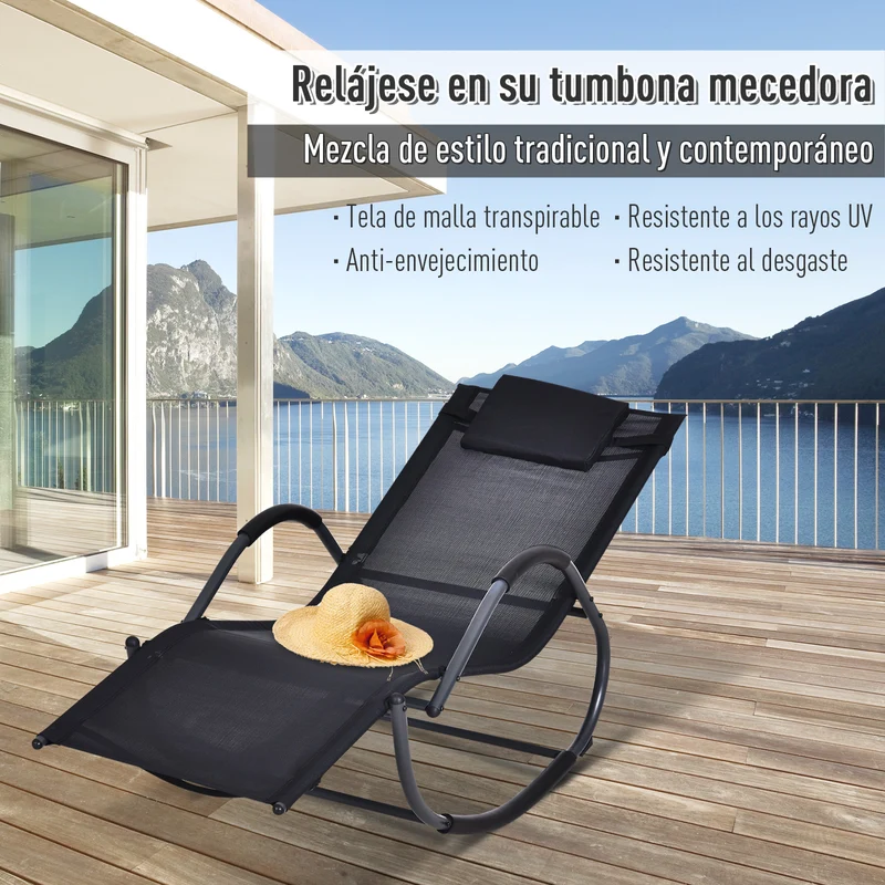 Outsunny Mecedora para Exterior Tumbona con Reposabrazos y Función Balancín para Terraza 160x61x79 cm Negro