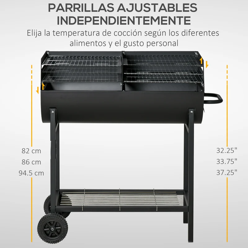 Outsunny Barbacoa de Carbón con Parrilla Ajustable en Altura para Exterior Barbacoa Portátil con Estante de Almacenaje y Ruedas 90x45x96 cm Negro
