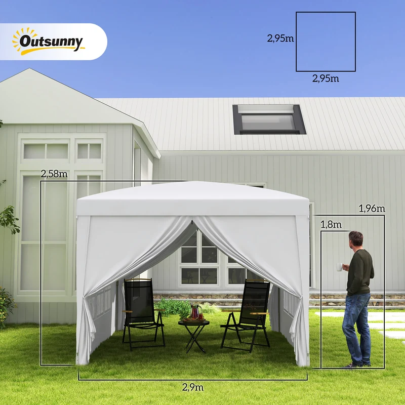 Outsunny Carpa Gazebo con Paredes Desmontables Ventanas Visibles Puerta con Cremallera Incluye Bolsa de Transporte Cuerdas y Piquetas 3x3 m Blanco