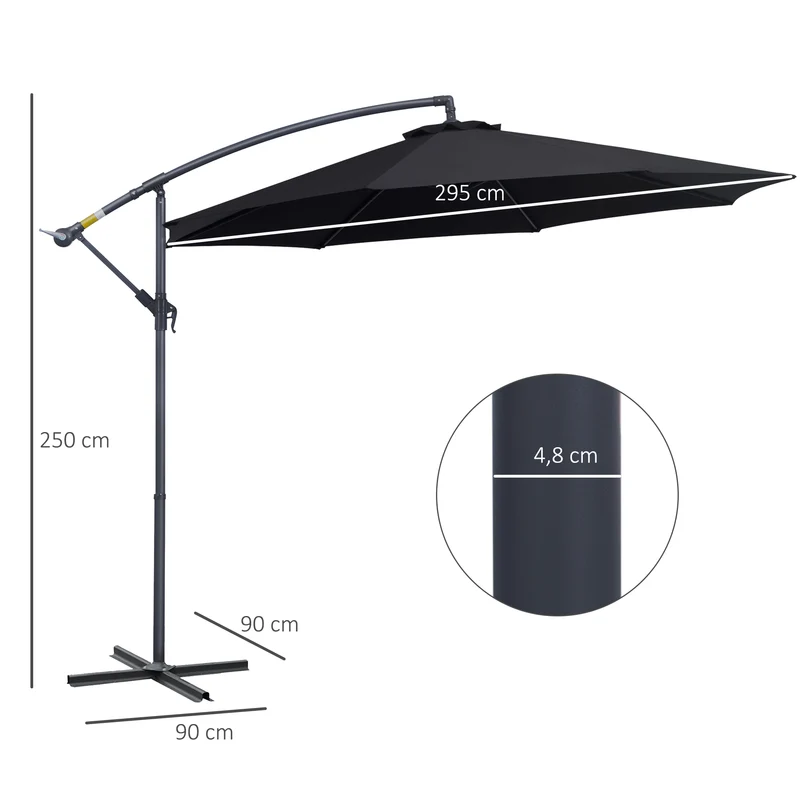 Outsunny Sombrilla de Jardín Ø295x250 cm Parasol Excéntrico Inclinable con Manivela Base Cruzada y Soporte de Metal 8 Varillas para Terraza Exterior Balcón Negro