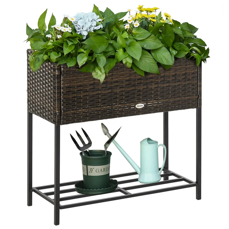 Outsunny Soporte para Jardinera Exterior para Huerto Urbano Mesa de Cultivo Jardinera Rectangular sin Fondo con Estante y Patas para Jardineras Macetas Tiestos 70x30x70 cm Marrón