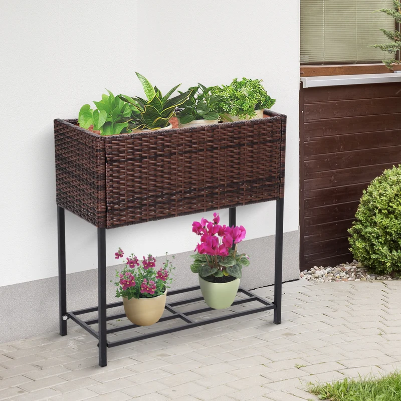 Outsunny Soporte para Jardinera Exterior para Huerto Urbano Mesa de Cultivo Jardinera Rectangular sin Fondo con Estante y Patas para Jardineras Macetas Tiestos 70x30x70 cm Marrón