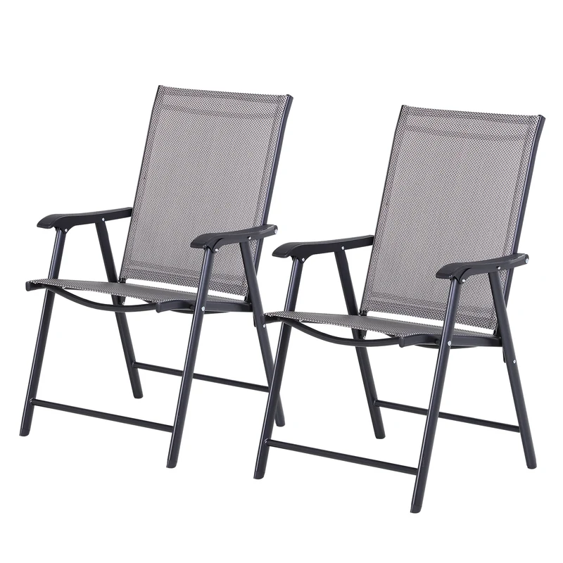 Outsunny Conjunto de 2 Sillas Plegables para Exterior Con Reposabrazos Sillas para Balcones Jardín Terraza Metal Texteline Carga 110kg 58x64x94 cm Gris