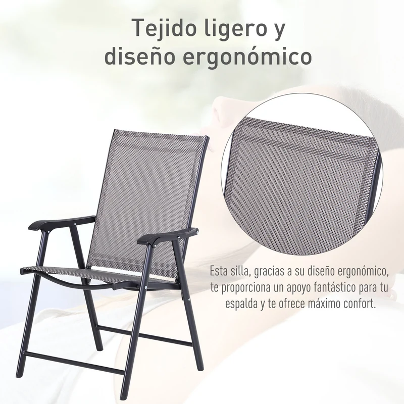 Outsunny Conjunto de 2 Sillas Plegables para Exterior Con Reposabrazos Sillas para Balcones Jardín Terraza Metal Texteline Carga 110kg 58x64x94 cm Gris