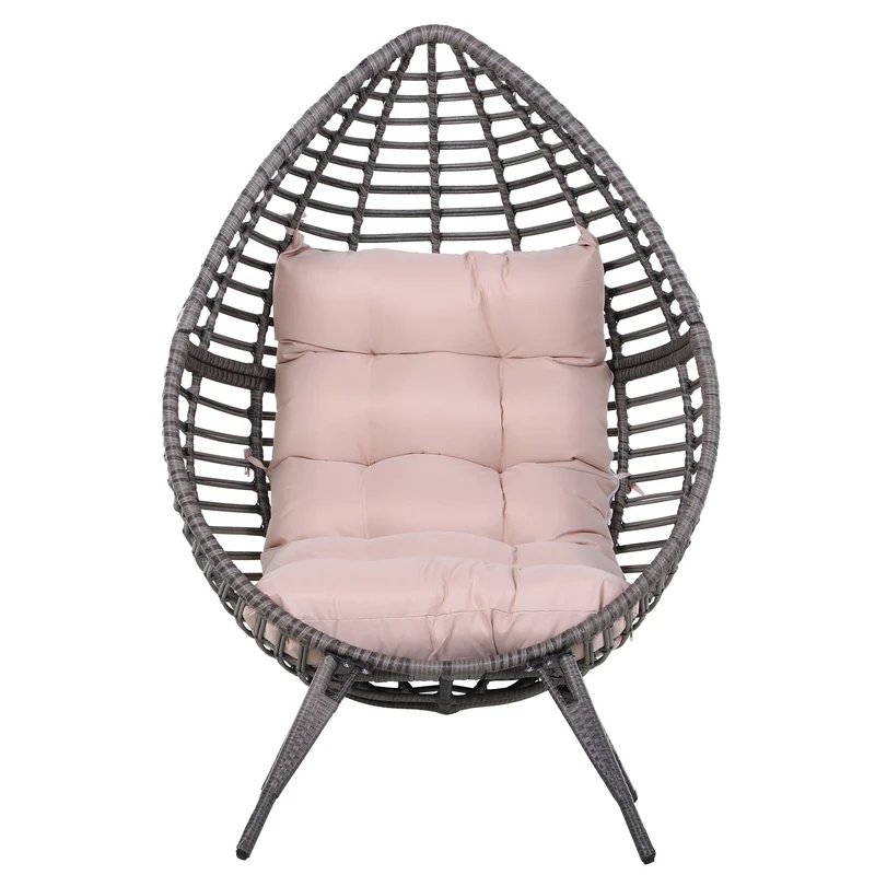 Outsunny Sillón de Ratán Balcón en Forma de Lágrima Sillón de Jardín con Cojín Acolchado de Algodón PP Estilo Moderno para Exterior e Interior Carga 160 kg 101x89x156 cm Gris y Beige
