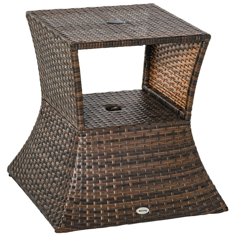 Outsunny Mesa de Centro Ratán con Agujero para Sombrilla Mesita de Café Té Mesa Auxiliar para Exterior Terraza Patio 54x54x55cm