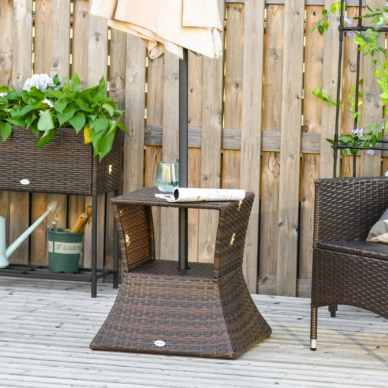 Outsunny Mesa de Centro Ratán con Agujero para Sombrilla Mesita de Café Té Mesa Auxiliar para Exterior Terraza Patio 54x54x55cm
