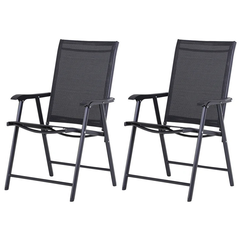 Outsunny Conjunto de 2 Sillas Plegables para Exterior Con Reposabrazos Sillas para Balcones Jardín Terraza Metal Texteline Carga 110 kg 58x64x94 cm Negro