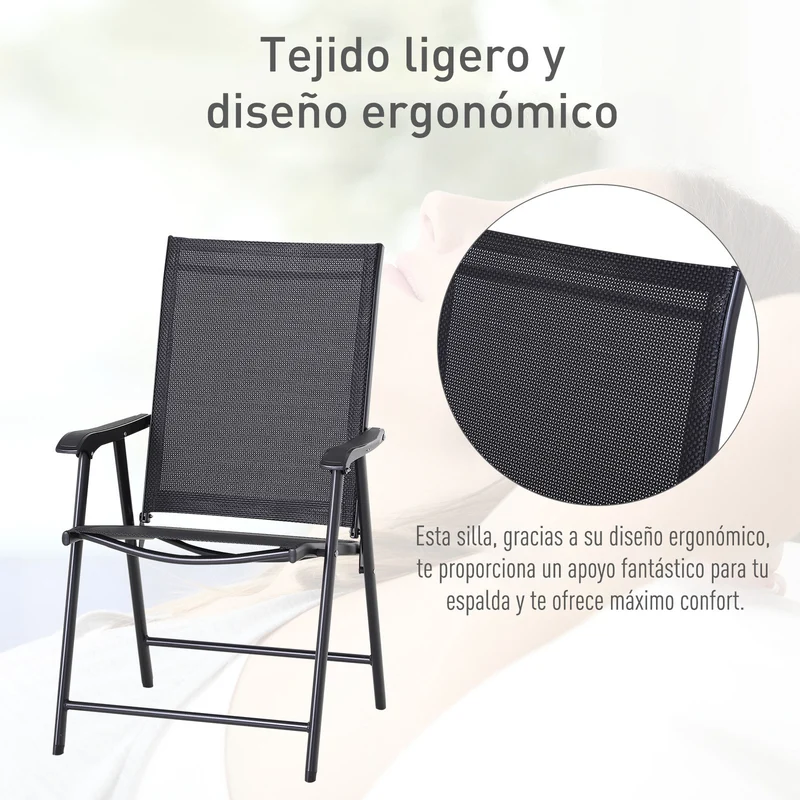 Outsunny Conjunto de 2 Sillas Plegables para Exterior Con Reposabrazos Sillas para Balcones Jardín Terraza Metal Texteline Carga 110 kg 58x64x94 cm Negro
