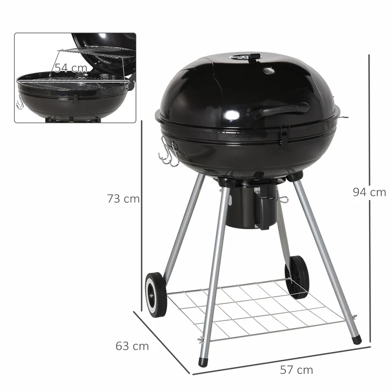 Outsunny Barbacoa de Carbón BBQ Picnic Ahumador Parilla con Termómetro Jardín Exterior Acampada Parilla de Carbón Vegetal con Ruedas y Estante Tapa y Tazón Esmaltados