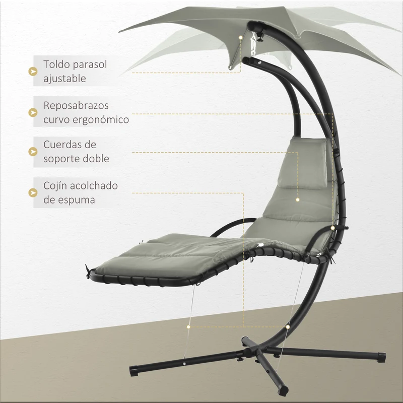 Outsunny Silla Colgante con Soporte Sillón Colgante con Toldo Cojín Estructura Metálica Antivuelco Carga 120 kg para Jardín Patio Terraza 190x110x190 cm Gris