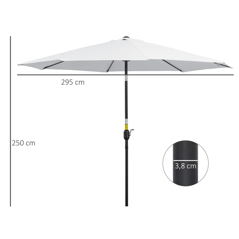 Outsunny Sombrilla de Jardín Ø295x250 cm con Manivela Parasol Exterior con Mecanismo de Inclinación y Poste Desmontable de Metal para Terraza Piscina Patio Blanco