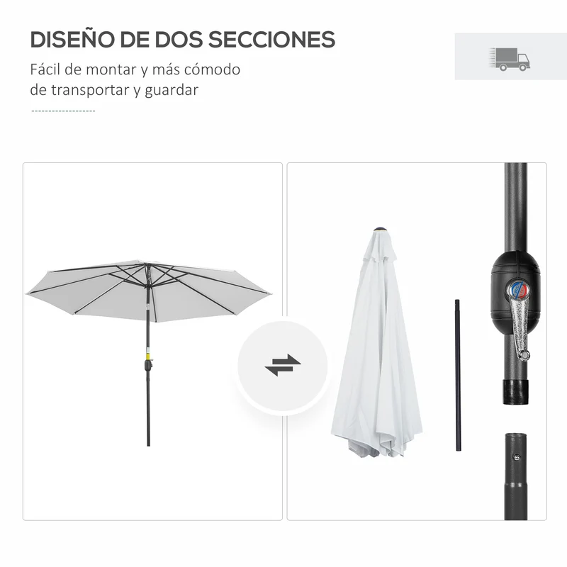 Outsunny Sombrilla de Jardín Ø295x250 cm con Manivela Parasol Exterior con Mecanismo de Inclinación y Poste Desmontable de Metal para Terraza Piscina Patio Blanco