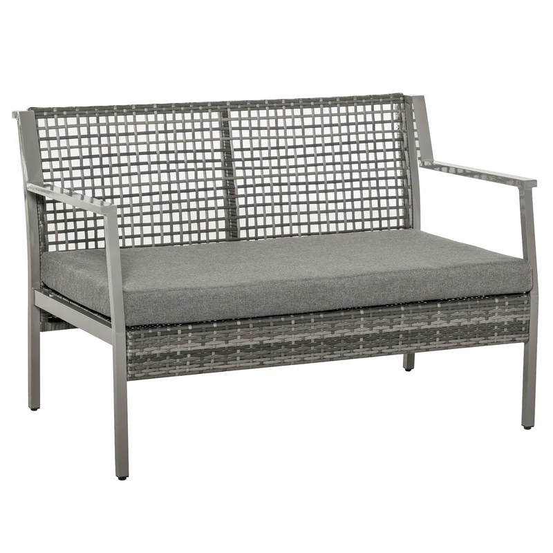 Outsunny Sofá de Ratán Estructura de Aluminio Dos Plazas con Cojín Desmontable Sillón Mueble de Jardín 118x75x79cm para Patio Exterior al Aire Libre Gris