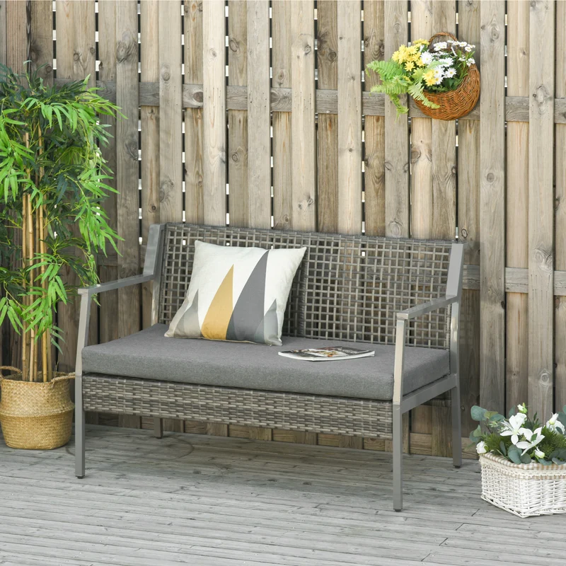 Outsunny Sofá de Ratán Estructura de Aluminio Dos Plazas con Cojín Desmontable Sillón Mueble de Jardín 118x75x79cm para Patio Exterior al Aire Libre Gris