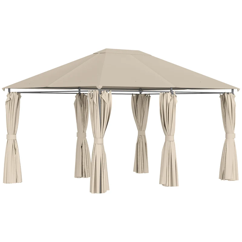 Outsunny Cenador de Jardín 4x3 m Pabellón de Exterior con 6 Paredes Laterales 8 Orificios de Drenaje y Marco de Acero Gazebo para Fiestas Patio Terraza Caqui